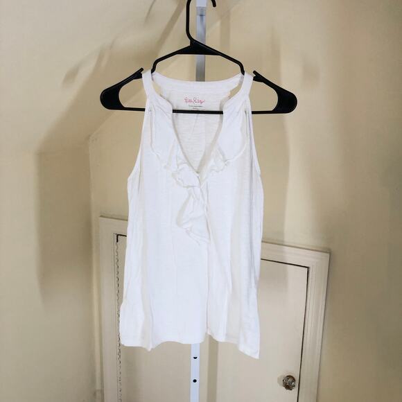 Lilly Pulitzer EUC Women's 100% Pima Cotton Shay Ruffle Tank Top Resort White S - Picture 2 of 5